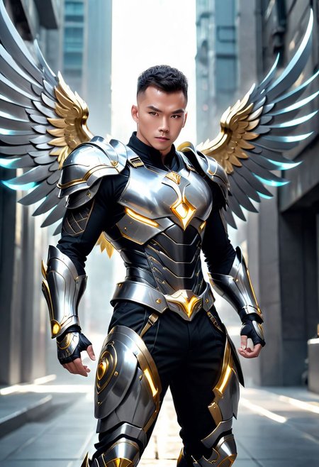 Hyper-realistic, 4K picture resolution, hi-depth, long-panorama angle view,  Eurasian attractive man, black tidy haircut, polished and shine black steel gigantic griffin exoskeleton wings that span wide to the heavens, deep embossed Venus symbol on the chest, shine and polished silver steel scales armor with muscle abs, long exoskeleton pants, fighting moves and scenes, grey illuminated magical aura surrounding the armor, intimidating expression, futuristic alien city background, holding golden illuminated acient magical saber and slashing the air with magical power, (aura:2.8), belt filled with gadgets and tools, gigantic expansive wings, EightClover