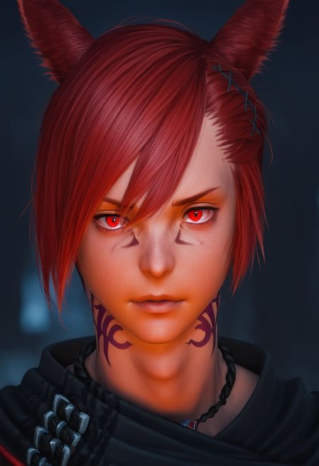 grahatiaffxivdsk, 1boy, male focus, solo, animal ears, red eyes, red hair, tattoo, miqo'te, neck tattoo, cat ears, looking at viewer, hair between eyes, facial mark, hair ornament, x hair ornament, bangs, holding, glowing, slit pupils, braid, short hair, portrait, jewelry, short ponytail, cinematic angle, cinematic lighting, best anatomy, official art, masterpiece, best quality