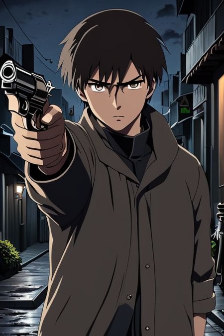 high resolution, solo, best quality, 1Boy, Takaki Toono, Brownish Hair, Brown Eyes, portraits, midnight, dim street lights, mysterious, threatening, gun, aiming the gun to the viewer, OverallDetail