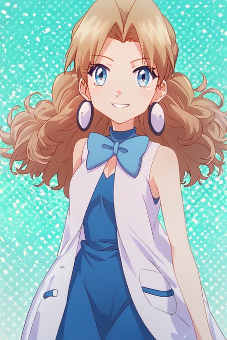score_9, score_8_up, score_8, medium breasts, (curvy), cute, eyelashes,       BREAK, , <lora:Molly_Pokemon_PDXL:0.8>,  zzMolly,  blue eyes, brown hair, parted bangs, long hair,  jewelry, earrings, bow, bowtie, sleeveless, blue bow, dress, white coat,  , BREAK, (warm colors), smile, looking at viewer, cowboy shot, embedding:zPDXL, Expressiveh, <lora:PrismaIllya_PDXL_v3:1.0>,  <lora:SDXLFaeTastic2400:0.5>,  <lora:Expressive_H-000001:0.4>,