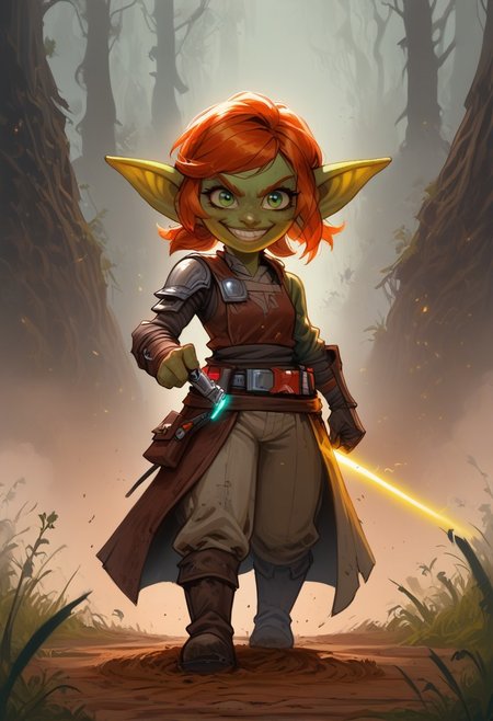 thick outlines, extremely detailed, sharp focus, HD, 1girl, solo, a Goblin woman, short stature, shortstack, pointed ears, big eyes, green skin, with short ginger hair and large swept bangs, wearing goggles with glowing green lenses, dark red mail, with green chain boots, silver rectangular shield, sword on her hip, confident smile, walking, eyes to the side. Setting forest, dirt path, dark grass, fog, low light. green eyes, blue lightsaber, laser sword, long sword,