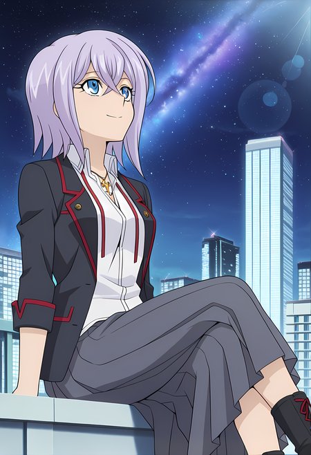 masterpiece,best quality,amazing quality,

1girl, solo, face focus,

Misaki Tokura (Cardfight Vanguard), short hair, purple hair, blue eyes, hair between eyes, school uniform, necklace, jewelry, shirt, jacket, blazer, long skirt, pleated skirt, black footwear,

looking up, smile,

cinematic, cross legs, crossing legs, 

Outdoors, night, On top skyscraper, galaxy sky,

Lens flare, bloom,

Official style, anime screencap, anime coloring,














