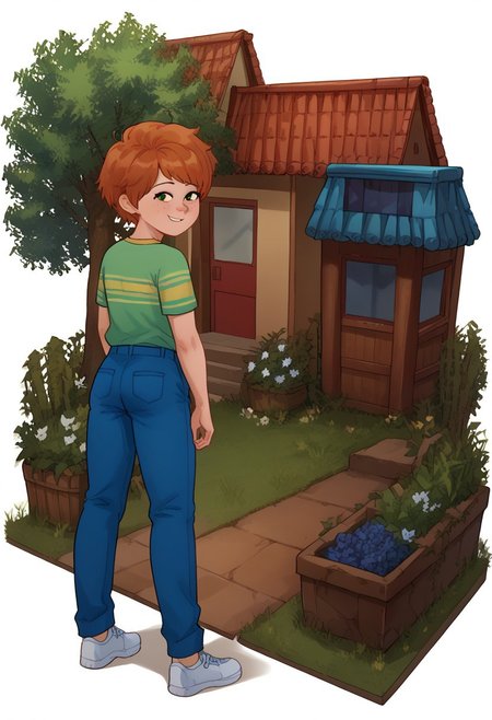 KamonStyle, anime-inspired art, vibrant and clean color palette, smooth shading, clean linework, detailed linework, isometric or dynamic perspective, expressive characters, attention to environmental details, storytelling-focused composition, full body of characters visible, 
score_9, score_8_up, score_7_up, highly detailed, cute boy, 1boy, solo, Bill_Murphy, Ginger Hair, Freckles, Striped Green Shirt, Blue Pants, Sneakers, shy smile, from behind, looking back,