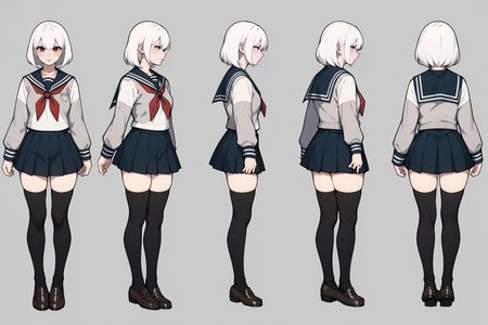score_9, score_8_up, score_7_up, score_6_up, score_5_up, score_4_up,
(VIEWS:0),  full body character turnaround of 1girl, Multiple views of the same character in the same outfit,  simple background, white background,
(theme:0),  
(rank:0), anime character, female, school uniform, sailor outfit, skirt, thigh-high stockings, loafers, white hair, red neckerchief, gray cardigan, Japanese schoolgirl, 
<lora:bg3TurnXL_v1_pony:0.1>
<lora:Witcher3turn_v1_Pony:0.1>
<lora:medieval2turn_v1_Pony:0.1>
<lora:CharTurnXL_v4_Pony:0.6>
<lora:bg3TurnXL_v1:0.1>
<lora:Witcher3TurnXL_v1:0.1>
<lora:Medieval2TurnXL_v1:0.1>
<lora:CharTurnXLRetag_v4:0.1>