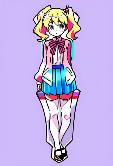 sdgs, 1girl, solo, (masterpiece,best quality,ultra_detailed,highres,absurdres:1.2), full body, alice cartelet, hair ornament, white collared shirt, cardigan, open cardigan, striped bow, blue pleated skirt, white thighhighs, mary janes