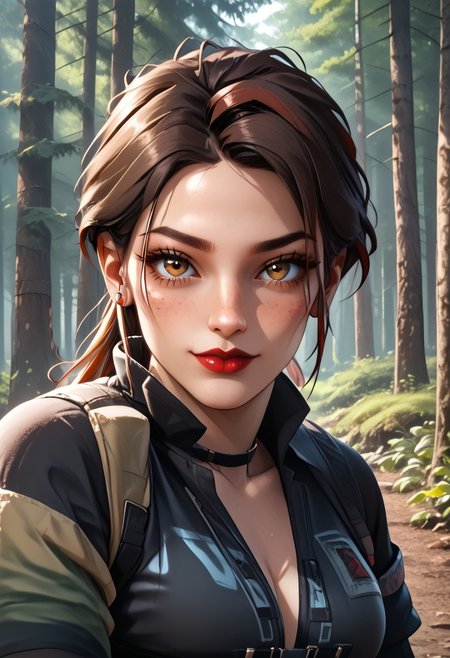 Score_9, Score_8_up, Score_7_up, BREAK, AliasCODMXL, lipstick, hazel eyes, brown hair, multicolored hair, ponytail, split bangs, black choker, medium breasts, harness, black shirt, rolled sleeves, individual focus, seductive smile,  look at the viewer, forest,full body <lora:AliasCODMXL:0.8>