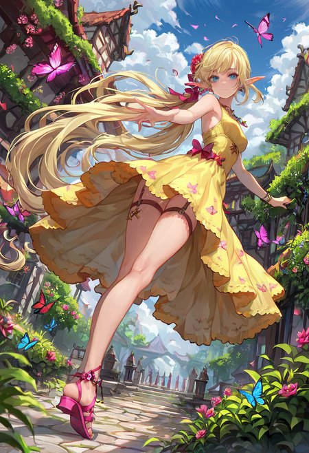(score_9, score_8_up:1.1), score_7_ up, highly detailed, , zPDXL, ((1 girl,)) slender, petite ,Wood elf druid's ally, elemental connection, long flowing blonde hair tied back in a ponytail, piercing blue eyes, form-fitting leather outfit with wooden accents, skilled in combat and able to assist their companion in battle. she wear Yellow sundress with floral print and butterfly details, pink sandals with straps and glitter on the toes ,  dynamic pose, detialed background
, masterpeice, detailed, intricated details, 8k, ultraclear <lora:detailed_notrigger:1>, wide angle, detailed scene, detailed faces, perfect quality, tranding on artstation, incredible details , Painstaking Attention To Details ,  <lora:OMG-Is-DucHaiten_v1.0:1> ziprealism