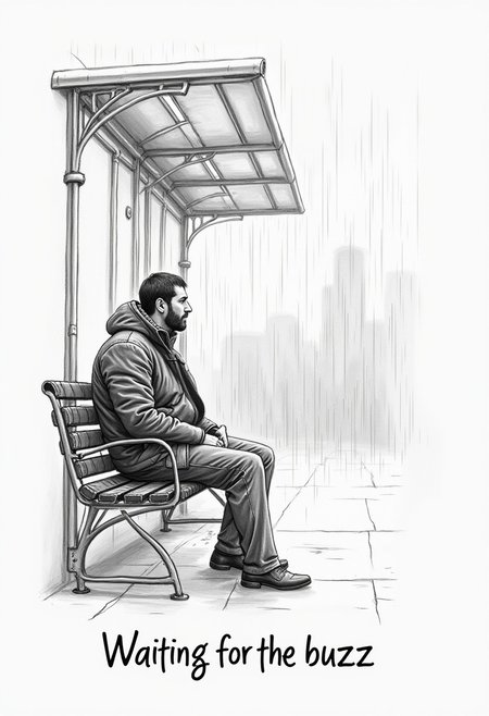 detailed drawing of a man sitting at the bus station, rainy day, windy, text in the lower center of the picture "Waiting for the buzz", sketch, pencil drawing
