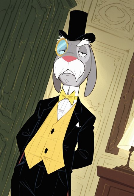 masterpiece, best quality, amazing quality, very aesthetic, absurdres, newest,  high quality, detailed, male, solo male, MrHerriman, 1boy, mature male, male, chubby, anthro, rabbit, grey fur, floppy ears, black eyes, mustache, bushy eyebrows, facial hair, tuxedo jacket, yellow vest, bow tie, top hat, monocle, formal, looking at viewer, half lidded eyes, stern expression, indoors, office, half body, broad shoulders, mature,  volumetric lighting, standing, dutch angle, cowboy shot, black pants