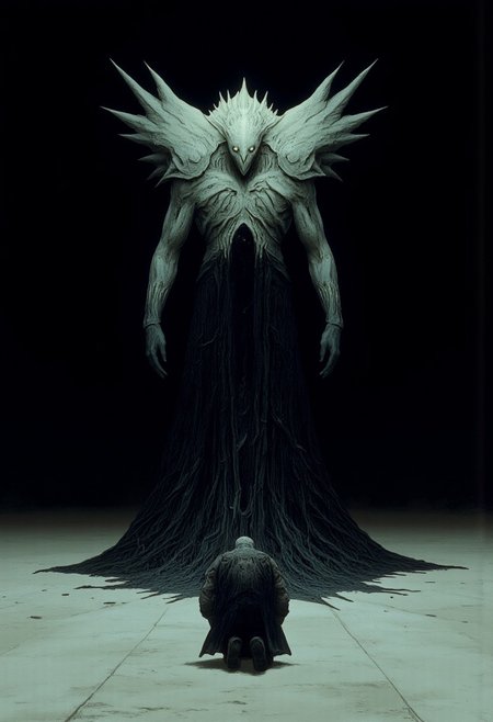 closeup of a man kneeling in front of a Monster Boss resembling an ethereal three-eyed raven
Set against a solid dark black color background to emphasize its unsettling unnatural form that emphasizes its silhouette. The medium is not a traditional painting or illustrative medium like watercolor or ink but rather a digital 3D rendering.
MikeFranchinastyle, d4artstyle, d4concept, , bbstyle,, horror theme,, zbrush, ZBClay model of a gray sculpture, 1990's, 1990's style