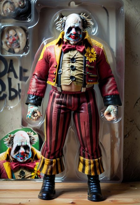 score_9, score_8_up, score_7_up, toy packaging, action figure, 1boy, dbd_clown, facepaint, clown jacket, suspender, black boots, striped pants, fat,