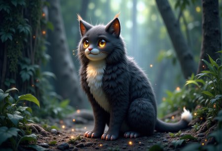 A magnificent dark grey cat with white chest and white feet, sitting upright in the jungle, intricate detail, matte painting, ambient light, elegant, graceful, illustration, ambient light Art Deco meets Henri Roussouw Niji, qkqmokt, anime illustration