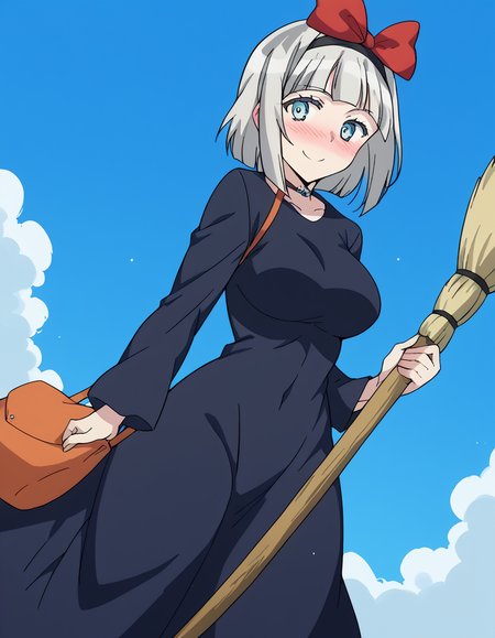 score_9, score_8_up, score_7_up, source_anime, <lora:anna-nishikinomiya-s1-ponyxl-lora-nochekaiser:1>, anna nishikinomiya, short hair, blue eyes, grey hair, hairband, aqua eyes, large breasts,, <lora:witch-kiki-cosplay-ponyxl-lora-nochekaiser:1>, witch kiki cosplay, kiki (majo no takkyuubin) (cosplay), bag, black dress, bow, bow hairband, cosplay dress, hairband, long dress, red bow, red hairband, shoulder bag, sleeves past elbows,, blue sky, broom, broom riding, smile, blush,, cowboy shot, looking at viewer,, , dutch angle, cowboy shot