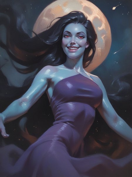 score_9, score_8_up, score_7_up, 1girl, evil smile, looking at viewer, smile, cowboy shot, (dynamic pose:1.1), dynamic angle, sexually suggestive, on sea, night, moon light, 
 <lora:ASinbadEris_character:0.85>, ErisXLP, long hair, black hair, colored skin, red eyes, strapless, purple dress, blue skin, clean skin, big breast,  <lora:Eldritch Oil Style LoRA_Pony XL v6:0.7> oil painting, traditional media, realistic,,