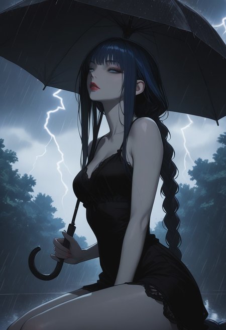 masterpiece, best quality, amazing quality, very aesthetic, detailed eyes, perfect eyes, realistic eyes, 
1woman, dark blue hair, ((hair in long single braid)), (((very long braid))), absurdly long hair, blue eyes, ((slim body)), fit slim, (small breasts), fair skin, dynamic angle, red lipstick, close up, portrait, face focus, headshot, partial side view, CCD
Wearing slender black dress, short dress, 
Sitting in a park, holding an umbrella above her, 
Heavy rain, dark stormy clouds, lightning, extremely dark,