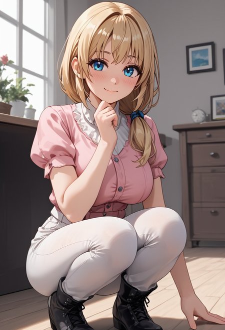 score_4,score_5,score_6,score_7_up,score_8_up,score_9 ((masterpiece,best quality,ultra detailed,highres,HD,4k:1.2)), 
1 cute girl,solo,girl focus,solo focus,face focus,
indoors,
blonde hair,long hair, low ponytail,hair over shoulder, blue eyes,huge breasts, 
pink top, white shirt, short sleeves, puffy sleeves,ribbon on clothes,short pants,white pants,((black pantyhose)), black footwear, boots,
looking at viewer,
smile,happy,closed mouth,blush,