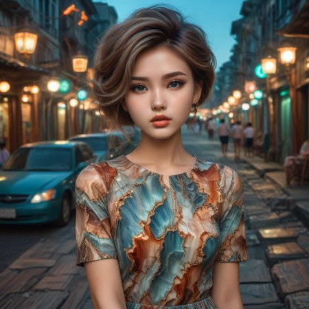 20 year old, blush, exotic, seductive, smirk, fashion, model, fine art photography, iconic, dynamic angle, dynamic pose, macro, photograph, intricate background, Vietnamese (fashion icon:1.2) , Artistic, Gold hairstyle, Aesthetically Pleasing Turquoise Eyes, at Blue hour, wearing a short dress made of Petrified Wood,  Frightening, Interpolation, Fujicolor Superia X-TRA 400, 50mm, Offset print, RAW photo, highly contrasted, contemporary fine detail, highly intricate, detailed, stunning