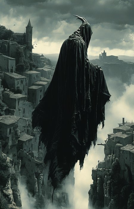 masterpiece,best quality,<lora:tbh155-sdxl:1>,illustration,style of Guido Argentini, Nazgul over sleeping town