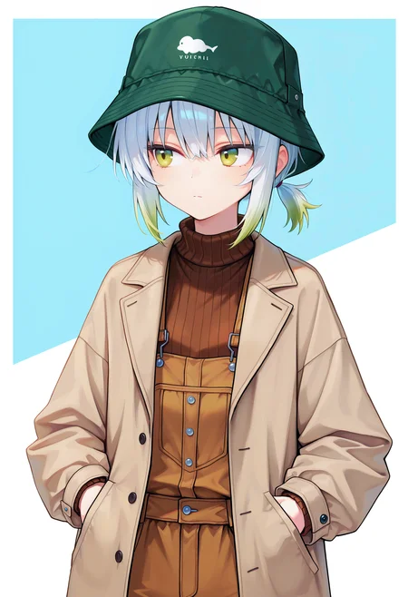 general, masterpiece, best quality, high quality, <lora:hyasai_v2:0.8> hyasai,two-tone background,
BREAK 1girl, short hair, short ponytail, white hair, green hair, gradient hair, green eyes, tsurime, :|, green hat, bucket hat, brown jacket, brown overalls, brown sweater, open jacket, hands in pockets, looking to the side, upper body