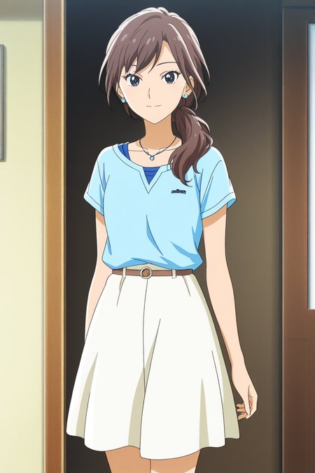 <lora:Add_more_details_pony:0.8>  <lora:matsukaze_kanoko_illus_deaimon:1> matsukaze kanoko, 1girl, solo, long hair, looking at viewer, smile, brown hair, shirt, jewelry, collarbone, cowboy shot, short sleeves, earrings, necklace, black eyes, blue t-shirt, anime coloring, outfit 2, side low ponytail, blue stripped on t-shirt, medium skirt, white skirt, knee height skirt,