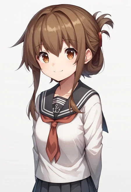 score_9, score_8_up, score_7_up, score_6_up, score_5_up, score_4_up, BREAK, source_anime,
1girl, inazuma \(kancolle\), brown hair, folded ponytail, long hair, brown eyes,
anchor symbol, black sailor collar, long sleeves, neckerchief, school uniform, serafuku, pleated skirt, black skirt,
hands behind back, smile, upper body, looking at viewer, solo, simple background, white background     <lora:InazumaXL:1>