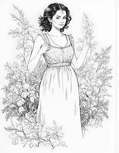 <lora:mig4v:1>, This image is a black-and-white line drawing, likely created with a pen or pencil, of, <lora:Dark_Ghibli:0.8>, masterpiece iconic portrait of pretty mature woman with black hair dressed white summer cotton dress,