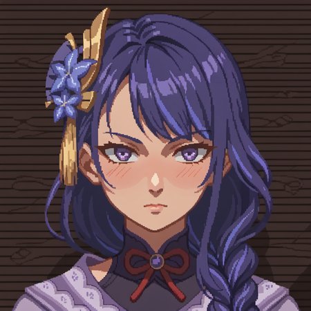 score_9, score_8_up, score_7_up, score_6_up, score_5_up, score_4_up, source_anime, masterpiece, best quality, 1girl, solo, raiden shogun, pixel art, portrait, simple background, looking at viewer, closed mouth, blush, Perfect Hands, <lora:Perfect Hands:1>, <lora:StS_detail_slider_v1:4>, <lora:Papers_Please_style:1>,