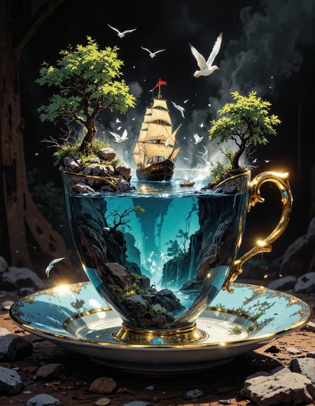 a blue and gold teacup filled with water and a ship. The teacup has an ornate handle and is decorated with gold. Inside the teacup is blue water that is wavy, and a sailing ship is in the water, partially underwater. There are also small trees and a waterfall inside the teacup.  Several tiny seagulls are flying around the teacup and ship. The teacup is sitting on a dark, rocky surface that looks wet and has small puddles. The image shows a teacup, ship, water, trees, waterfall, and seagulls, <lora:RetroAnimeFluxV1:0.3>, <lora:VividlySurreal:0.5>, <lora:aidmaFLuxPro1.1_v0.3:0.6>, <lora:Anime Art V3:1>