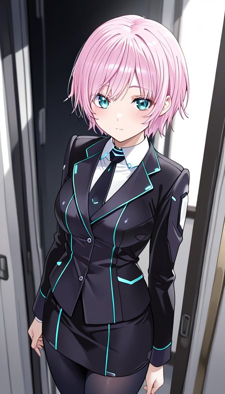 masterpiece, best quality, very aesthetic, absurdres,
solo, 1girl,

nijiriri, blue eyes, green eyes, pink hair, short hair,

nijiriricos, white shirt, black necktie, black jacket, black skirt, miniskirt pencil skirt, black pantyhose,