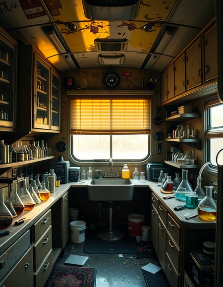 The interior of an old RV converted into a clandestine drug laboratory, inspired by the TV series Breaking Bad. The space is cramped and messy, filled with scientific equipment, glass beakers, flasks, burners, chemical containers, and lab tools scattered around. The walls are aged and stained, with peeling wallpaper and old metallic cabinets. A small sink area is cluttered with dirty lab glassware. The lighting is dim and tinted yellow, with sunlight barely filtering through dusty blinds. The floor is grimy, with a mix of rubber mats and worn carpet. The overall atmosphere is tense and gritty, capturing a sense of secrecy and danger. Hyper-realistic style, cinematic composition, rich in textures and shadows.
<lora:SDXLFaeTastic2400:0.4> <lora:extremely_detailed:0.4> extremely detailed,<lora:old_RV_drug_l4b0r4t0ry:1>,old RV drug l4b0r4t0ry, Masterpiece,best quality,hi res,8k,hi res,8k,award winning,(sharp focus, intricate, highly detailed),