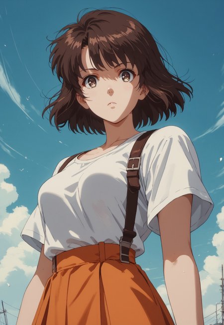 safe_pos, score_9, score_8_up, score_7_up, score_6_up, source_anime, 
1girl,Megumi <lora:KatoMegumi:1>,brown hair,katou megumi,brown eyes, short hair, orange skirt, medium breasts, in motion, equipment, straps, wind, stands spectacularly,beautiful angle, epic, atmospheric,high detail, looking at viewer,  knva, halftone effect, retro artstyle, <lora:Kenva:0.8>