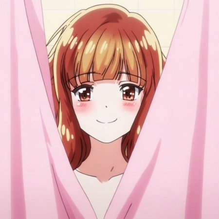 Aoi Yuzuki , upper body, behind curtains, bathroom, cute face, smile, blush