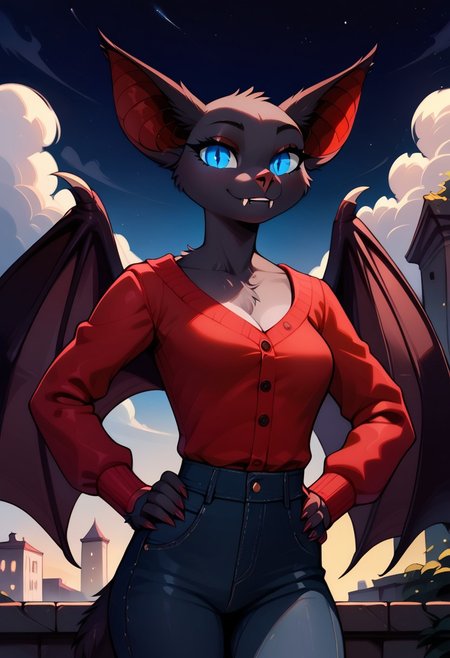 score_9, score_8_up, score_7_up, highres, high quality, perfection,
BREAK 
1girl, (solo: 2.0), girl alone, front view, portrait,
BREAK 
furry female, bat girl, (anthro bat girl: 1.2), beautiful girl, cute girl, adult, 20 years old, detailed body, detailed fur, (black fur: 1.2), one-tone fur, shapely girl, (slim body: 1.2), petite body, (bald_girl: 1.2), (baldness: 2.0), detailed face, beautiful face, eyelashes, (blue eyes: 1.2), glowing eyes, perfect eyes, detailed eyes, (fangs: 1.2), medium breasts, wingarms, winged arms, wings,
clothed, red cardigan, jeans,
standing, hands on hips, looking at viewer, vampire, soft smile,
BREAK
outdoors, starry night, darkness, night city, rooftop, detailed sky, beautiful scenery,