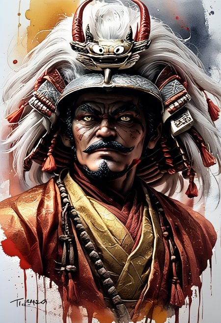 score_9,score_8_up,score_7_up,
Male illustration,50 years old,mature man,ambitious,beast-like sharp gaze,chubby but muscular,Japanese samurai,16th century,dramatic lighting,high contrast,decorative,atmospheric,haunting beauty,texture,(dynamic angle),round face,black,gray,red,yellow,
bust up,l,splash art,highly detailed illustration,trending on Artstation,paint splashes,perfect composition,watercolor,sharp focus,intricate details,highly detailed,
White background,mustache(1.3),windy,dynamic pose,dynamic angle,real,realstic,
Watercolor,<lora:BDpony_TakedaShingen_V1:0.9>,Takeda Shingen,
<lora:Midjourney_5:0.6>,<lora:WaterColorV3:0.8>,