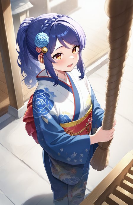 masterpiece,best quality,amazing quality,very aesthetic,absurdres,newest,impactful picture,offcial art,movie perspective,
lobelia \(doa\),ponytail, wavy_ponytail, french braid, crown braid,
hrine bell, japanese clothes, kimono, hair flower, print kimono, furisode, rope, outdoors, shrine, standing, new year, shimenawa, hatsumoude, donation box, holding, 
dutch angle, fisheye lens, looking up, purple hair, orange eyes,despair, cafe, open mouth, high ponytail hair,
 <lora:shrinebell_Illust_v1:0.8> <lora:doa_lobelia_noobxl_vpred10_v10:0.9>