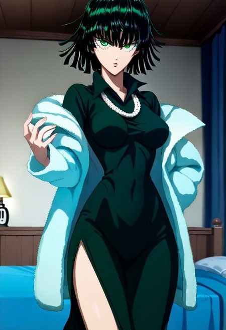 masterpiece, score_9, score_7_up , eyes detail, , eyes hd , , high definition eyes, high definition hands , 
 BREAK,  
sm_an_stl ,source_anime, anime screencap, anime, animification, ,bedroom,   ,
,
FUBUKI_(ONE_PUNCH_MAN), (one-punch man\), black hair, green eyes, short hair, medium breasts,
<lora:opm-fubuki-anime-s1s2-ponyxl-lora-nochekaiser:1>, fubuki, fubuki \(one-punch man\), black hair, green eyes, short hair, large breasts,
black dress, dress, fur coat, high collar, jewelry, necklace, off shoulder, taut clothes, taut dress,