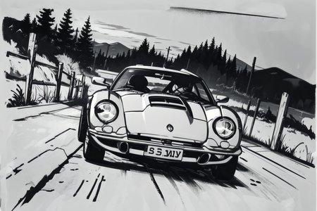 BlackworkStyleManityro, <lora:BlackworkStyle_V1-Manityro-AdamW:1.0>, monochrome, greyscale, sportscar driving on a cliffside road in the night