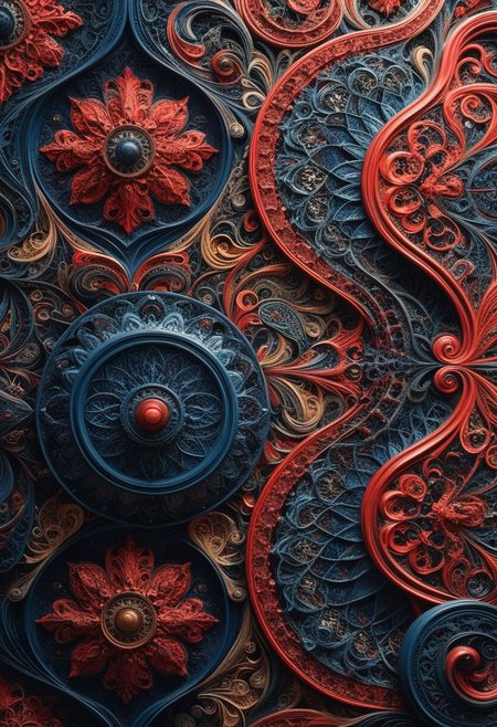 photo of a paisley pattern, boteh, paisley, navy blue, madder red, almond, entwined paislies, official art, aesthetic, dynamic angle, hyper detailed, order and chaos, dark colors, (extremely detailed, intricate details, masterpiece, best quality, 8k wallpaper:1.4), dramatic lighting, (dark blue and madder red palette:1.2), twisting paisley