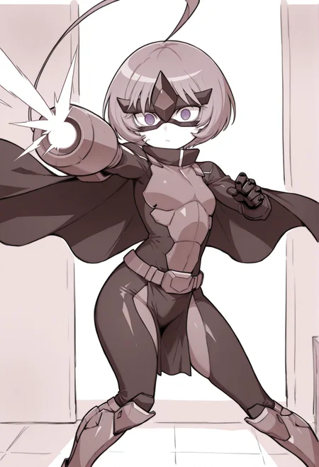 monochrome, lineart, 1girl, short hair, huge ahoge, @_@, armored bodysuit, black cape, purple eyes, purple hair, gloves, black mechanical gauntlets, black eye mask, belt, pelvic curtain, armored boots, indoors, arm cannon, aiming at viewer, firing <lora:Bronco_Mask_Trash:1>   looking at viewer  <lora:biggumane:1>, masterpiece, best quality, amazing quality, very aesthetic, absurdres, highres, newest