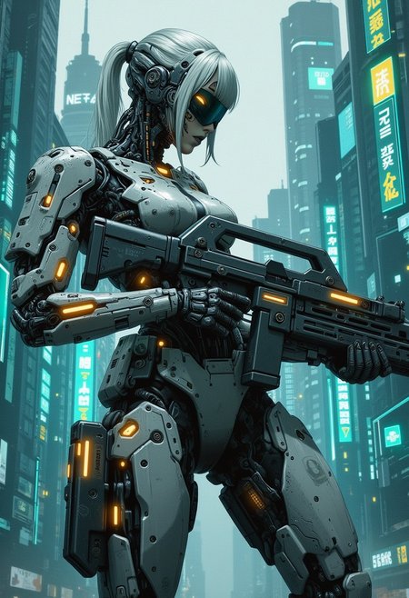 mad-cbrpnksplshrt full of details but with faded outlines, white braded hair cyborg girl soldier in combat armor with one robotic arm and one robotic leg holding a pulse rifle with glowing energy panels, and in the background new york city disintegrating into the matrix behind, best quality, sharp image,