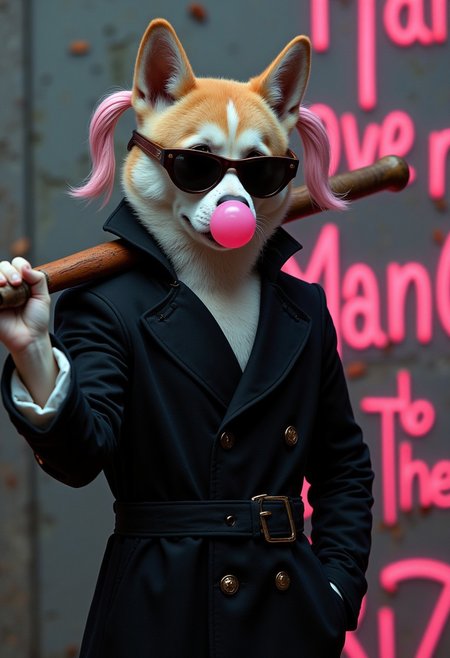 Anthropomorph Shina inu dog wearing a long black trenchcoat and black sunglasses. 2 short pink pigtails. Blowing a bubble with bubblegum. Holding a baseballbat on its shoulder. Background of a congrete wall with neon grafitti that says 'Hand over the buzz'