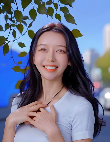 In a vibrant, digitally-rendered landscape of the iconic 'l334y' logo bathed in warm, soft sunlight filtering through a canopy of blue leaves, stands L333Y - a woman with long, cascading hair and her eyes gleaming with genuine warmth. She is captured mid-smile, her hand resting gently on her heart as she gazes directly at the viewer, her short-sleeved outfit in stark contrast to the cool blue background. The camera angle is slightly overhead, emphasizing her serene, confident demeanor amidst a bustling urban cityscape that serves as the intriguing backdrop.