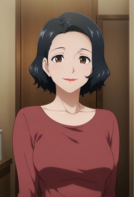 1girl,solo,mm,mature female,black hair,short hair,brown eyes,lipstick,,anime coloring, 
shirt,upper body, looking at viewer, smile,indoors
,masterpiece,best quality,amazing quality,<lora:Nagi_Yoshino-Jujutsu_Kaisen_IL:0.85>