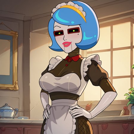 score_9, score_8_up, score_7_up, 1girl, Patricia, blue hair, short hair, hairband, robot, mole, lipstick, green eyes, colored sclera, large breasts, narrow waist, wide hips, maid, maid headdress, maid apron, fishnets, looking at viewer, hands on own hips, highres, high quality, masterpiece, <lora:Patricia:0.8> <lora:Expressive_H:1> Expressiveh