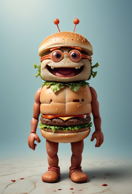 A cute, happy hamburger with arms and legs, surreal