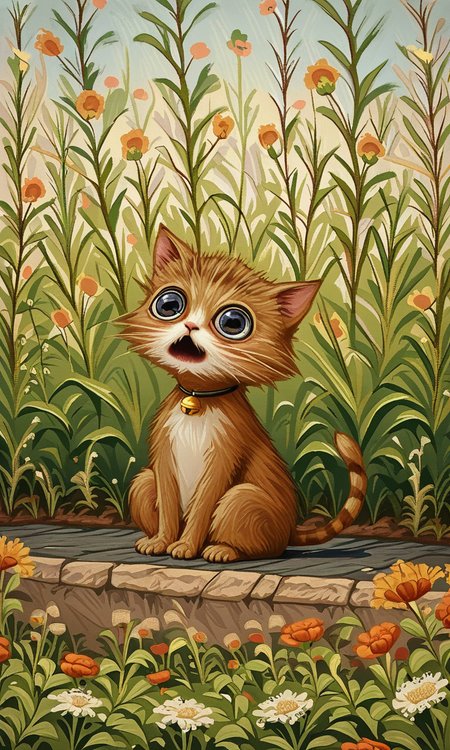 whimsical digital painting of a cute wide-eyed kitten with a golden bell collar high on catnip sitting on a soft  garden background.<lora:- iLL -PdJ_highres_counterweight_V1.0-step00004500:.8>
