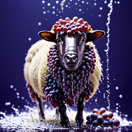 sheep hair made of grapes, splash water, flashing particles, depth of field, clean background, made from grapes