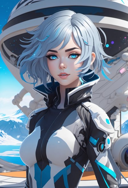 1girl, anime, beautiful girl with matte blue-grey hair with azure highlights, hair over one eye,Messy Waves, at a Icelandic spaceport, hourglass figure, facing viewer<lora:envy_xl_test_5:0.75>
