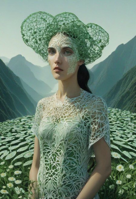 woman, standing, looking at viewer, mountains, wearing HUD_shmrck, made of delicate shamrock leaves intricately woven together, clean face, creating a whimsical and ethereal look, highly detailed. Masterpiece, HD, 3D