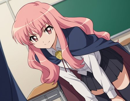 score_9, score_8_up, score_7_up, source_anime,
louisefrancoiseleblancdelavalliere, <lora:louise-francoise-le-blanc-de-la-valliere-s3-ponyxl-lora-nochekaiser:1>,
louise francoise le blanc de la valliere, long hair, pink hair, pink eyes, sidelocks,
skirt, thighhighs, cape, zettai ryouiki, long sleeves, shirt, white shirt, collared shirt, black skirt, pleated skirt,
indoors, classroom, bent over, smile,
looking at viewer, cowboy shot, solo, dutch angle